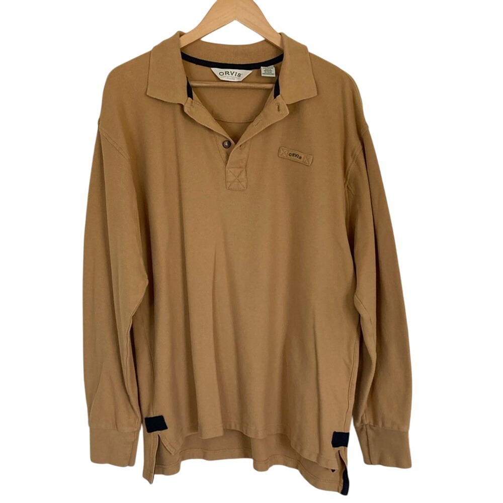Orvis Mens Mustard Rugby Polo‎ Shirt Size Large Classic Long Sleeve Woven Cotton